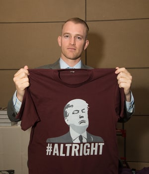 November 19, 2016 - Washington, DC, United States of America - Nathan Domigo of the white supremacist group Identity Evropa, is in attendance at a National Policy Institute conference at the Ronald Reagan Building and International Trade Center in downtown Washington D.C. on Saturday, November 19, in part to celebrate Donald Trump's presidential victory. The NPI's leader, Richard Spencer, coined the term Alternative-Right, or Alt-Right, to express an ideology based on white supremacy, xenophobia and racism. Several hundred protesters demonstrated outside.