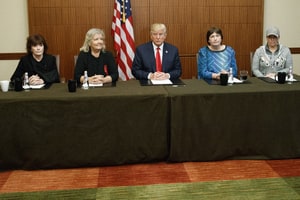 Republican presidential candidate Donald Trump, center, sits with, from right, Paula Jones, Kathy Shelton, Juanita Broaddrick, and Kathleen Willey, before the second presidential debate with democratic presidential candidate Hillary Clinton at Washington University, Sunday, Oct. 9, 2016, in St. Louis.