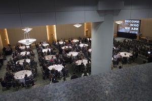Overview of attendees (some are media) at an Alt Right ( alternative right) conference hosted by the National Policy Institute in Washington, DC on November 18, 2016. The think tank promotes white nationalism and critics accuse them of being racist and anti-semitic. The chairman of the National Policy Institute, Richard Spencer, has been permanently banned from entering the UK, and was deemed a 'national security threat' after his arrest in Hungary in 2014. He was recently banned from Twitter in a prominent purge by the company this week.