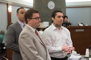 War Machine, right, stands with attorneys Jay Leiderman, center, and Brandon Sua as jurors enter the courtroom during the second day of jury selection for Koppenhaver's trial at the Clark County Regional Justice Center in Las Vegas, Nev., on February 28, 2017. Koppenhaver is facing 34 charges including attempted murder against his former girlfriend, adult film actress Christy Mack.
