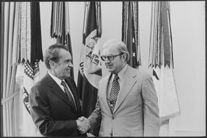 John McLaughlin (right) with President Richard Nixon at the White House on May 3, 1974