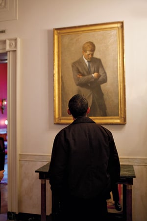 Obama viewing a White House portrait of JFK. “Once you’re in this o ce, you are part of a legacy dating back to those rst Revolutionaries,” he says. “And this amazing experiment in democracy has to be tended.”