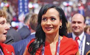 Republican Presidential Candidate Donald Trump spokeswoman Katrina Pierson talks with delegates on the convention floor during the final day of the Republican National Convention in Cleveland, Thursday, July 21, 2016.