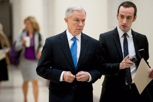 Senate Budget ranking member Jeff Sessions, R-Ala., arrives with his aide Stephen Miller for a news conference April 5, 2011, with House Budget Chairman Paul D. Ryan, R-Wis., and other House Republicans unveiling an ambitious fiscal 2012 budget resolution. Stephen Miller in now senior policy adviser to Donald Trump