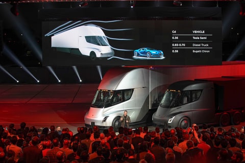 ELON MUSK has always dreamed big, and tonight he showed off his biggest reverie yet: the fully electric Tesla Semi. Powered by a massive battery and capable of hauling 80,000 pounds, it can ramble 500 miles between charges. It'll even drive itself, on the highway, at least. And Musk promises production will start in 2019. The big rig, which Musk unveiled at SpaceX's Hawthorne, California headquarters Thursday night, is just the latest step in his mission to make humanity forget about planet-killing fossil fuels and embrace the gospel of electric power