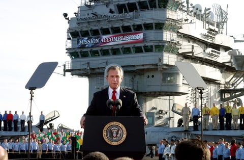 President Bush declares the end of major combat in Iraq as he speaks aboard the aircraft carrier USS Abraham Lincoln off the California coast, in this May 1, 2003 file photo.