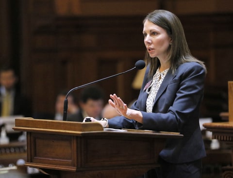 In this Wednesday, Feb. 22, 2017 file photo, Rep. Stacey Evans, D - Smyrna, speaks during a legislative session of the Georgia General Assembly, in Atlanta. The daughter of a single mother who grew up poor in rural Georgia, Evans says her top priorities are making sure children of all backgrounds have access to quality early childhood education, a strong public school system and financial support for college.