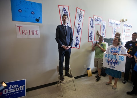 Democratic candidate for Georgia's Sixth Congressional seat Jon Ossoff talks with supporters at a campaign field office Tuesday, April 18, 2017, in Marietta, Ga. Voters began casting ballots on Tuesday in the special election to fill the House seat vacated by Health and Human Services Secretary Tom Price.