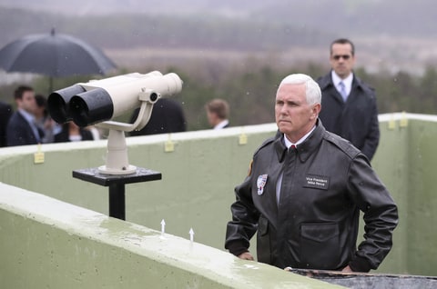 In this April 17, 2017, file photo, U.S. Vice President Mike Pence looks at the North side from Observation Post Ouellette in the Demilitarized Zone (DMZ), near the border village of Panmunjom, which has separated the two Koreas since the Korean War, South Korea.