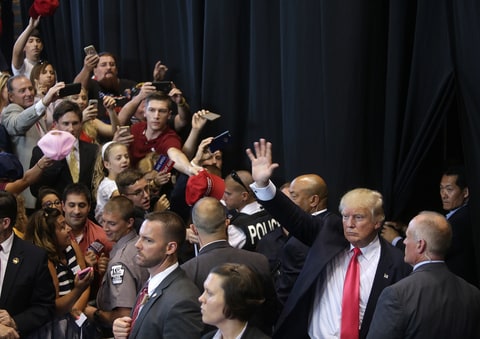 Republican presidential candidate Donald Trump leaves after speaking at a campaign rally at Lackawanna College, Wednesday, July 27, 2016, in Scranton, Pa.