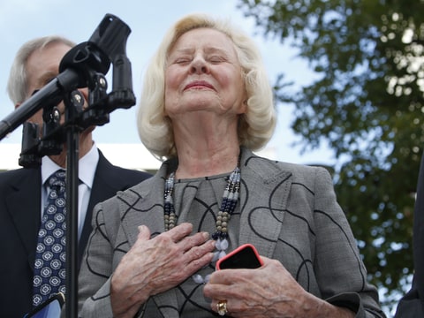 Yvonne Bertolet reacts during a news conference regarding a verdict for the death of her daughter, Toni Henthorn, outside federal court Monday, Sept. 21, 2015, in Denver. A federal jury convicted Toni Henthorn's husband, Harold Henthorn, of murder for pushing his wife to her death off a cliff in a remote part of Rocky Mountain National Park as they hiked to celebrate their wedding anniversary in 2012. (
