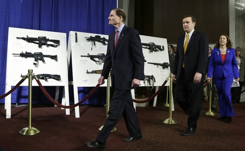 Sen. Richard Blumenthal, D-Conn., Sen. Chris Murphy, D-Conn., and Rep. Elizabeth Esty, D-Conn. arrive for a news conference on Capitol Hill, in Washington to introduce legislation on assault weapons and high-capacity ammunition feeding devices, Thursday, Jan. 24, 2013. Congressional Democrats are reintroducing legislation to ban assault weapons but the measure faces long odds even after last month's mass school shooting in Newtown, Conn. The measure being unveiled Thursday is authored by Democratic Sen. Dianne Feinstein of California, who wrote the original assault weapons ban. That law expired in 2004 when Congress refused to renew it under pressure from the National Rifle Association.