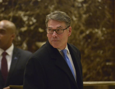 Former Governor Rick Perry (Republican of Texas) is seen in the lobby of Trump Tower in New York, NY, USA following his meeting with United States President-elect Donald Trump on December 12, 2016.