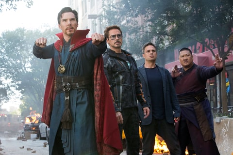 Doctor Strange/Stephen Strange (Benedict Cumberbatch), Iron Man/Tony Stark (Robert Downey Jr.), Bruce Banner/Hulk (Mark Ruffalo) and Wong (Benedict Wong) in Marvel's