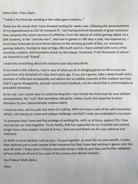 Peter Moore's farewell letter