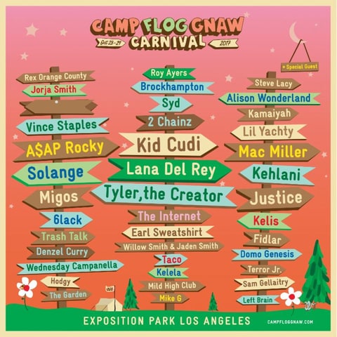camp flog gnaw lineup poster tyler the creator lana del rey kid cudi asap rocky solange mac miller