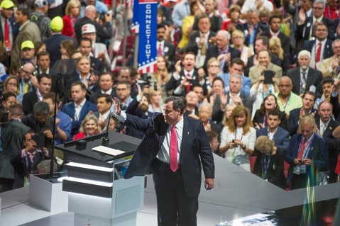 New Jersey Gov. Chris Christie is seen on stage at the Quicken Loans Arena after addressing the Republican National Convention in Cleveland, Ohio, July 19, 2016.