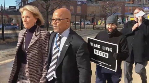 Demonstrators at a D.C. public school blocked DeVos from entering the building in February.