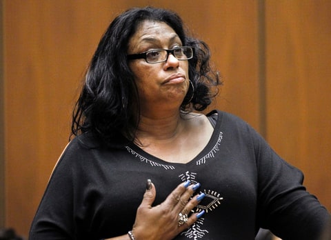 Enietra Washington pauses to compose her thoughts during a February, 2015 preliminary hearing in Los Angeles Superior Court.