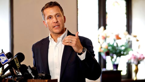 FILE- In this Sept. 11, 2017, file photo, Missouri Gov. Eric Greitens speaks to the media after meeting with clergy at Washington Metropolitan AME Zion Church ahead of a verdict in the trial of former St. Louis police officer Jason Stockley in St. Louis. Greitens’ campaign promises are being put to the test by protests that began after Stockley was acquitted in the death of a black drug suspect. As a candidate, Greitens asserted that there could have been peace “by the second night” in Ferguson if the governor had exerted a commanding presence. (AP Photo/Jeff Roberson, File)