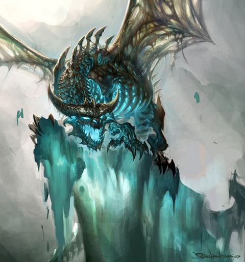 The dragon Sindragosa broods on a cliff after being raised from the dead by Arthas in the Wrath of the Lich King expansion.