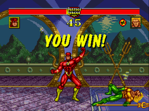 The Flash's victory pose in 'Justice League Task Force'
