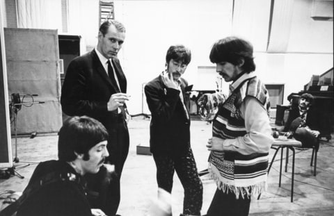 March 31, 1967 - London, United Kingdom - The new look Beatles seen here during a recording session at the E.M.I. studios..They are recording their latest album ''Sergeant Pepper's Lonely Hearts Club Band''..Left to Right Paul McCartney, Musical Director George Martin, John Lennon, George Harrison and (Background) Ringo Starr.