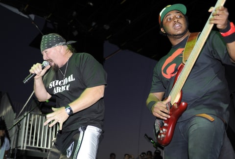 Mike Muir (L) and Steve 'Thundercat' Brunner of Suicidal Tendencies perform as part of the 2010 Epicenter Music Festival at Auto Club Speedway on September 26, 2010 in Fontana, California.
