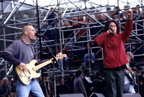 Tim Commerford (L) and Zack de la Rocha of Rage Against the Machine perform at the Tibetan Freedom Concert at Golden Gate Park on June 16, 1996 in San Francisco, California.