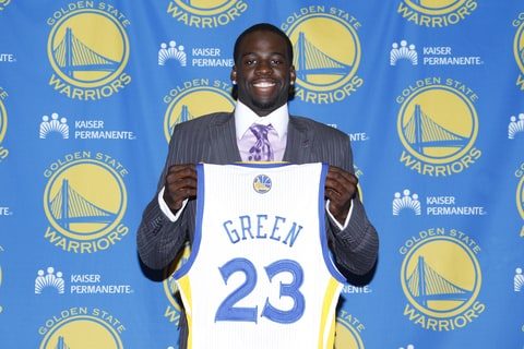 Draymond Green (#23) of the Golden State Warriors pose for a photo at the Warriors draft pick press conference on July 2, 2012 in Oakland, California.