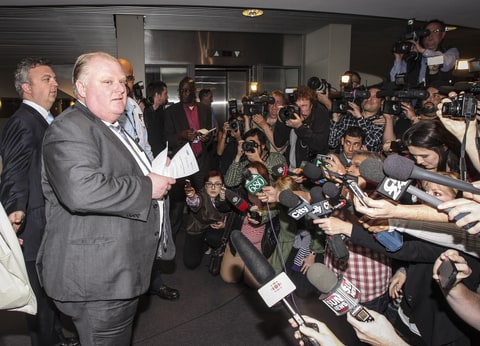 Toronto Mayor Rob Ford facing media at a PFLAG event after crack video scandal breaks.