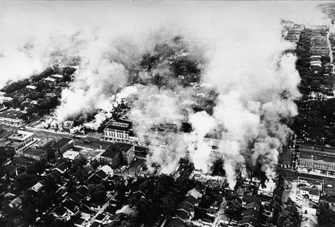 Aerial view of widespread fires started during the riots in Detroit, Michigan, July 1967.