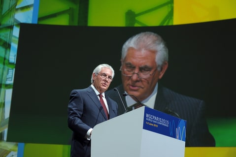 Exxon Mobil Chairman and CEO Rex Tillerson addresses a keynote speech during the World Gas Conference in Paris on June 2, 2015.