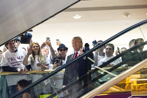 Business mogul Donald Trump rides an escalator to a press event to announce his candidacy for the U.S. presidency at Trump Tower on June 16, 2015 in New York City. Trump is the 12th Republican who has announced running for the White House.