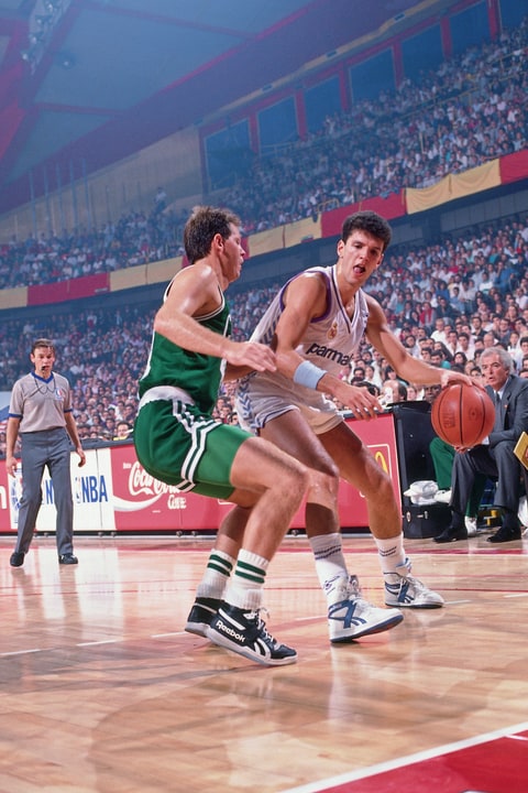 Drazen Petrovic of Yugoslavia dribbles against Danny Ainge #44 of the Boston Celtics during the 1988 McDonald's Championships on October 21, 1988 at the Palacio de los Deportes in Madrid, Spain.