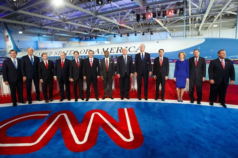 2016 Republican presidential candidates stand on stage during the Republican presidential debate at the Ronald Reagan Presidential Library in Simi Valley, California, U.S., on Wednesday, Sept. 16, 2015.
