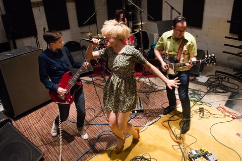 Local punk band the Priests are pictured practicing in Washington, DC on May 9, 2014. They have a big debut recording coming out on June 3. From left to right are Taylor Mulitz, 23, Katie Alice Greer, 26, Daniele Daniele, 28, and G.L. Jaguar, 26.