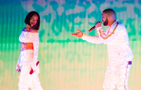 Rihanna perform with Drake at the BRIT Awards 2016 at The O2 Arena on February 24, 2016 in London,