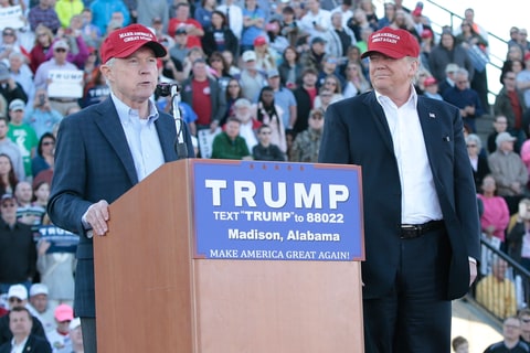 United States Senator Jeff Sessions, R-Alabama, beomes the first Senator to endorse Donald Trump for President of the United States at Madison City Stadium on February 28, 2016 in Madison, Alabama.