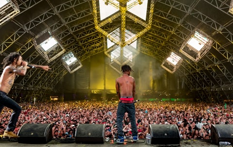 Swae Lee (L) and Slim Jimmy of Rae Sremmurd perform onstage during 2016 Coachella Valley Music And Arts Festival at the Empire Polo Field on April 22 2016 in Indio, California.