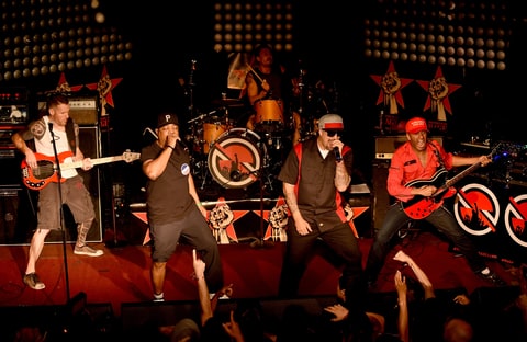 (L-R) Musicians Tim Commerford, Chuck D, Brad Wilk, B-Real and Tom Morello of Prophets of Rage perform onstage at Whisky a Go Go on May 31, 2016 in West Hollywood, California.