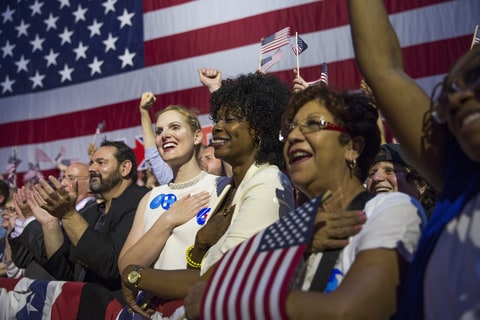 Supporters say The Pledge of Allegiance at a primary night rally for Democratic presidential candidate Hillary Clinton in the Brooklyn Navy Yard, June 7, 2016 in Brooklyn, New York.