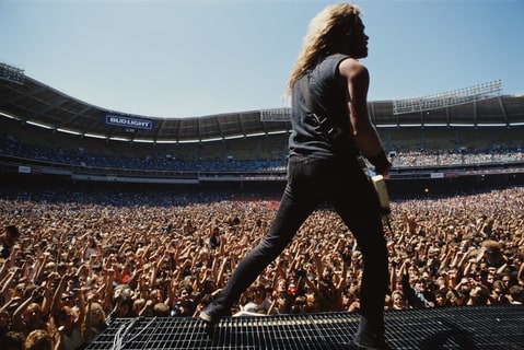 American guitarist and singer James Hetfield of the heavy metal group Metallica performs onstage at the Robert F Kennedy Memorial Stadium, Washington DC, June 10, 1988.