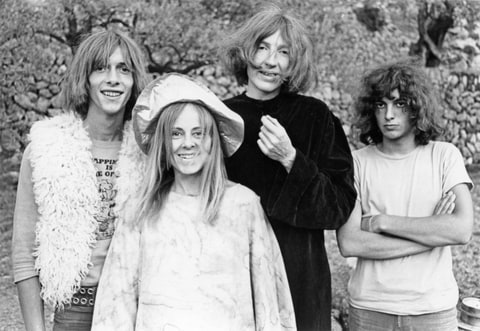 Smyth, front, pictured with Daevid Allen (left) and members of the Banana Moon Band, Marc Blanc and Patrick Fontaine in 1968.