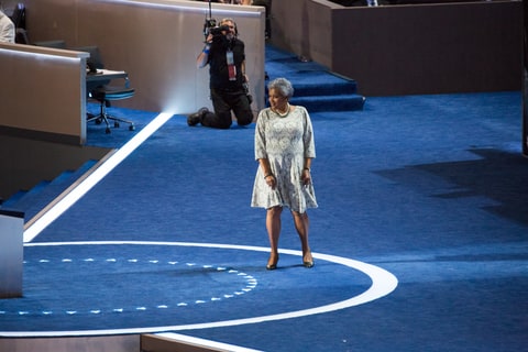 Philadelphia, PA On Tuesday, July 26, in the Wells Fargo Center, Acting head of the DNC, Donna Brazile, dances on to stage at the Democratic National Convention. | ©2016 Photo by Cheriss May, www.cherissmay.com.