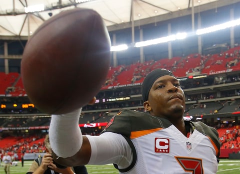 Jameis Winston #3 of the Tampa Bay Buccaneers reacts as he walks off the field after their 31-24 win over the Atlanta Falcons at Georgia Dome on September 11, 2016 in Atlanta, Georgia.