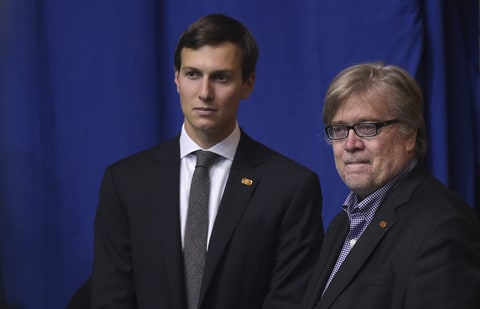 Jared Kushner (L), husband of Ivanka Trump, and Donald Trump's campaign Chief Executive Officer Stephen Bannon (R) watch as Republican presidential nominee Donald Trump speaks during a rally at the Canton Memorial Civic Center on September 14, 2016 in Canton, Ohio