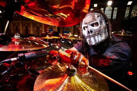 ortrait of American musician Jay Weinberg, drummer with heavy metal group Slipknot, photographed before a live performance at Alexandra Palace in London, on February 16, 2016.