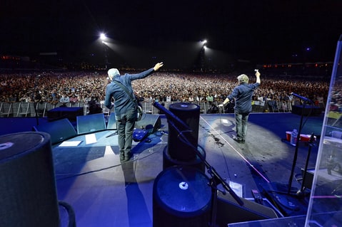 Musicians Pete Townshend (L) and Roger Daltrey of The Who perform onstage during Desert Trip at The Empire Polo Club on October 16, 2016 in Indio, California. (