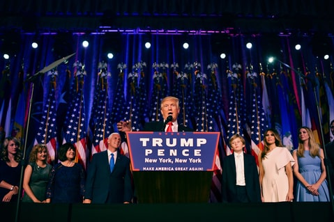 President-elect Donald Trump, with his family, addresses supporters at an election-night event at the New York Hilton Midtown, November 8, 2016.